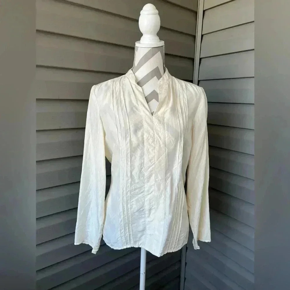 J.Jill Cream Long Sleeve V Neck 100% Silk Sz S